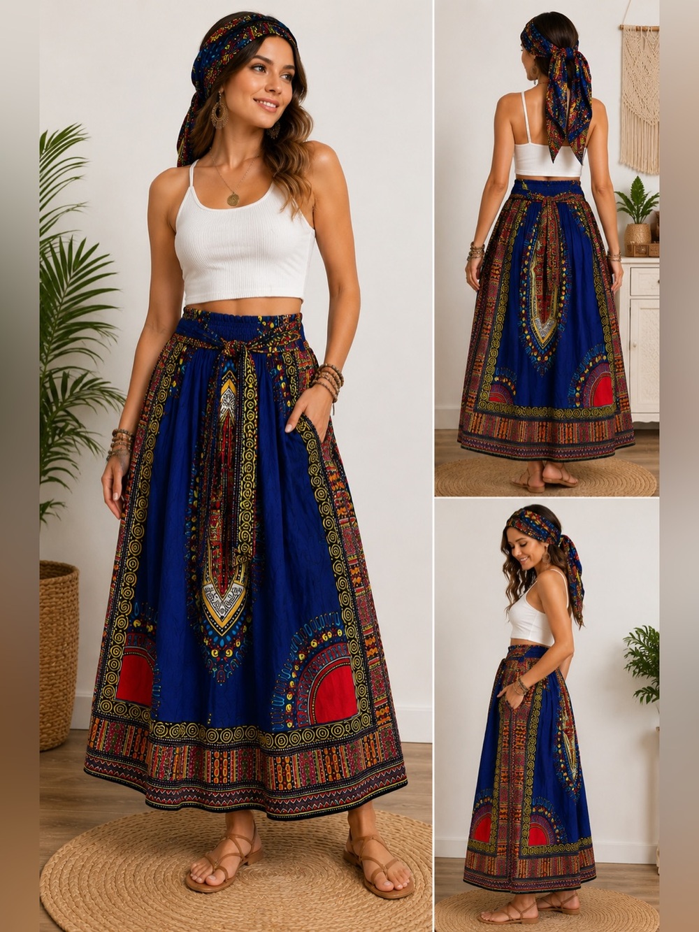 Dashiki African Print Blue Maxi Skirt Matching Head Wrap Free Size Cotton